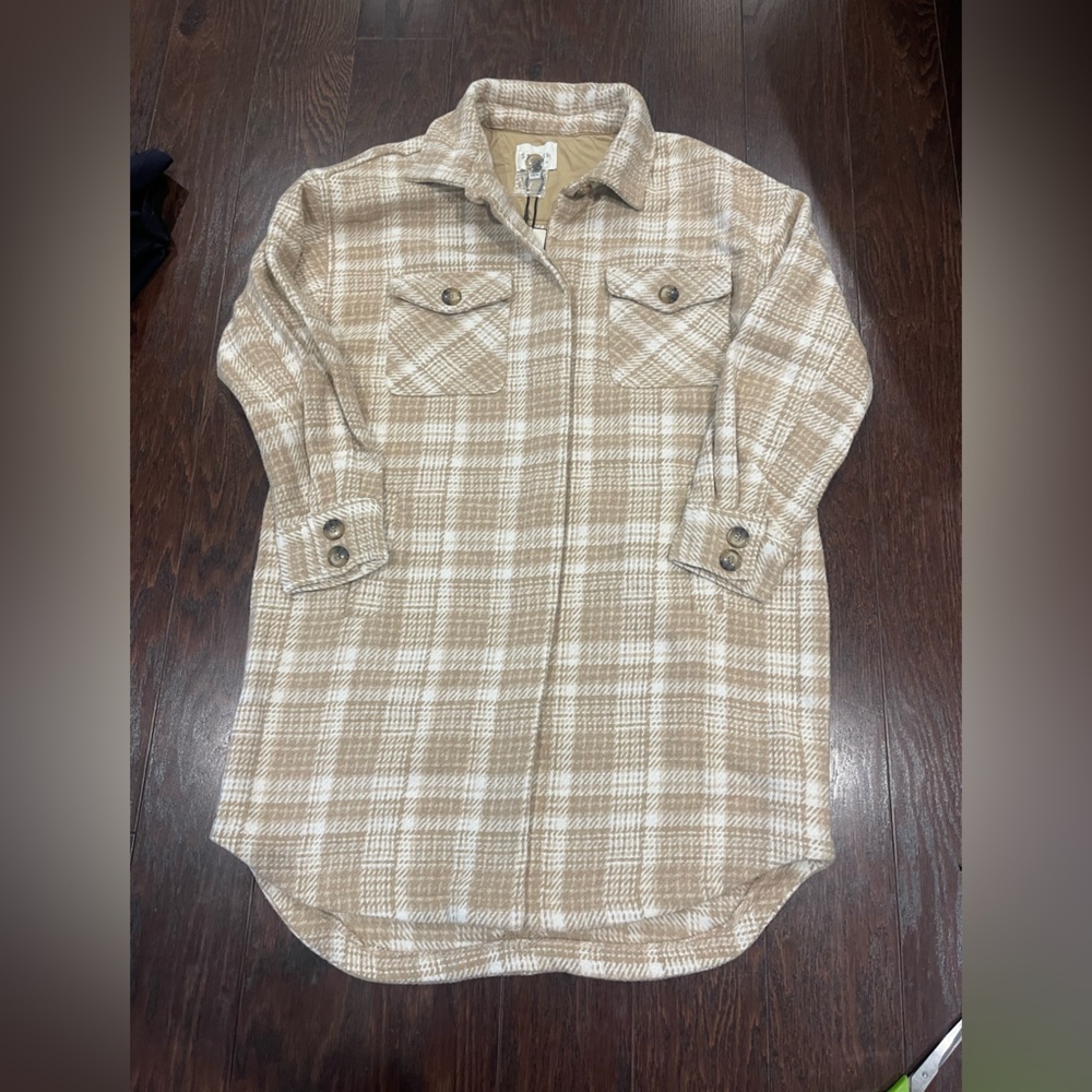 STOOSH  Women Long Shacket Size X-Large Beige Plaid Wool Blend NEW